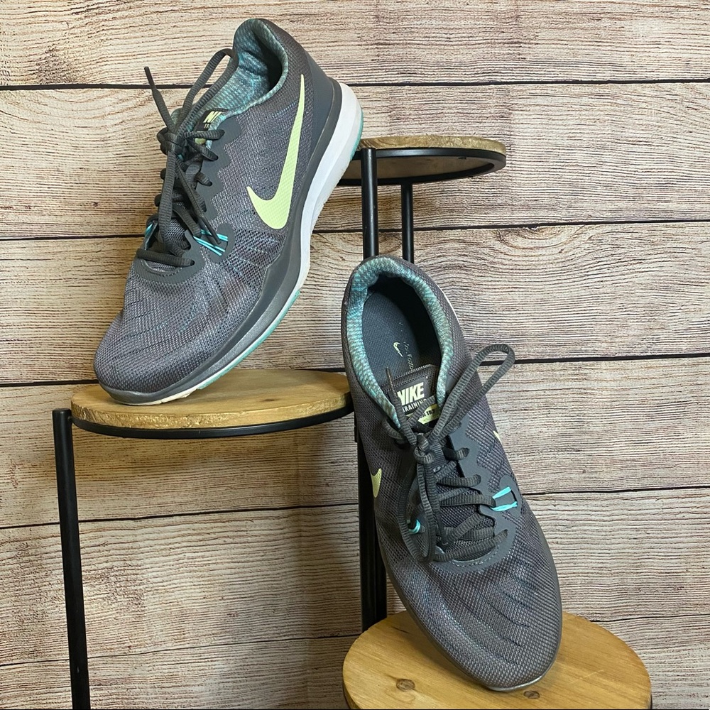 Nike women’s sz 10 gray, sea green, and neon green training shoes